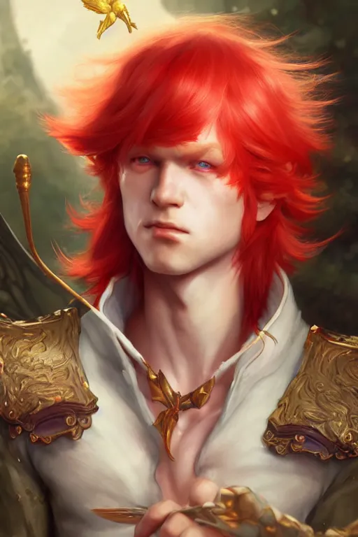 Image similar to fairy prince, red hair, highly detailed, d & d, fantasy, highly detailed, digital painting, trending on artstation, concept art, sharp focus, illustration, art by artgerm and greg rutkowski and fuji choko and viktoria gavrilenko and hoang lap