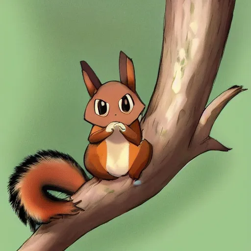 Prompt: A pokemon that looks like A squirrel ，The tail is a curly Polypodiopsida ，sitting on a tree branch ，Trending on art station. Unreal engine.