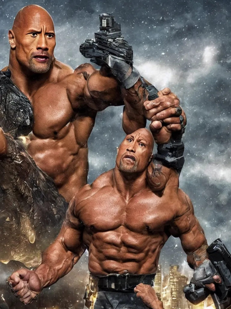 Prompt: dwayne johnson protecting a city full of unicorns, highly detailed