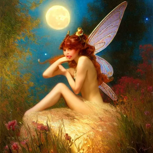 Image similar to attractive fairy magically floating high in the night, fantasy, full moon in background. highly detailed painting by gaston bussiere, craig mullins, j. c. leyendecker, sharp focus, 8 k