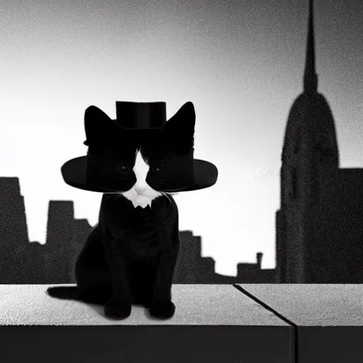 Image similar to photo of black photo of a Tuxedo Cat wearing a top hat, sitting on a rooftop at night time, Philadelphia skyline at night in the background