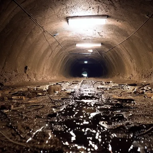 Image similar to deep underground tunnel, flooded, dirty water, dense rusty pipes network, dense cables network, mold