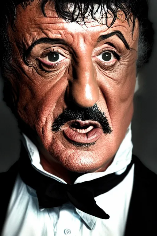 Image similar to sylvester stallone as edgar allen poe, cinematic, dramatic, mood lighting