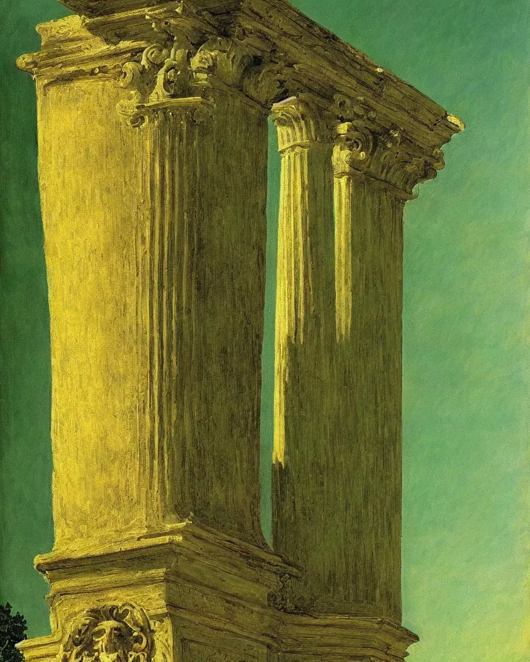 Image similar to achingly beautiful painting of intricate ancient roman corinthian capital on green and gold background by rene magritte, monet, and turner. giovanni battista piranesi.