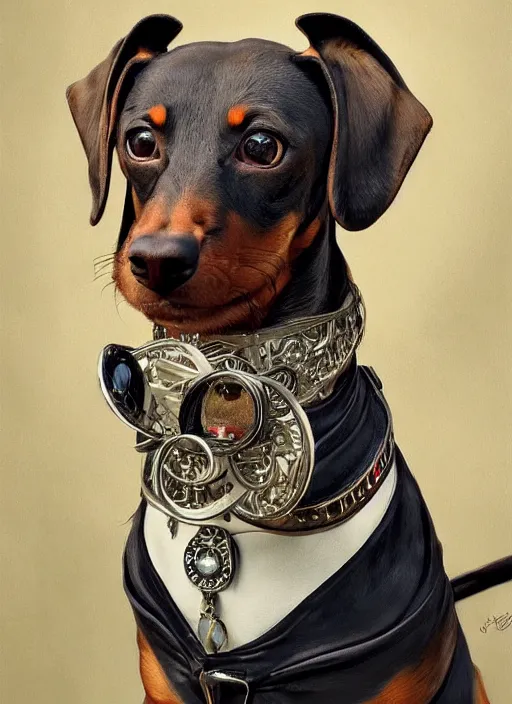 Prompt: dachshund with a monocle and a raised highbrow | sophisticated clothing | highly detailed | very intricate | elaborate outfit | symmetrical | cinematic lighting | award - winning | closeup portrait | painted by donato giancola and mandy jurgens and charlie bowater | featured on artstation