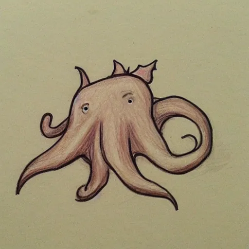Prompt: super basic drawing of a pig - octopus, weeds, crayon on paper