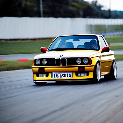 Image similar to a rolling shot of a modified bmw e 3 0 with lights on, on a street race track, motion blur, 3 5 mm photography, car photography, clean lines, realistic