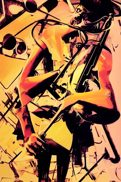 Image similar to wideangle action, portrait of a crazy violinist, decoherence, synthwave, glitch!!, fracture, vortex, realistic, hyperdetailed, concept art, golden hour, art by syd mead, cubism