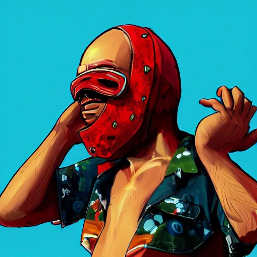 Prompt: Main character of Hotline Miami video game sunbathing at the beach, digital painting, detailed, realism
