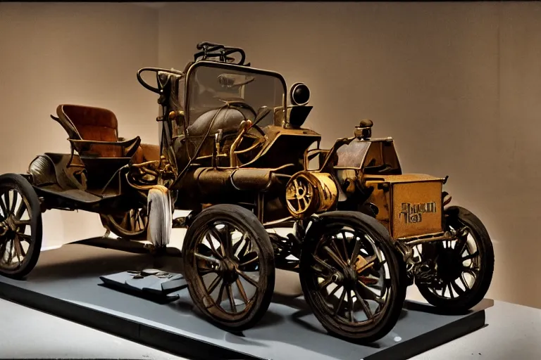 Image similar to cyberpunk 1 9 0 8 model ford t, volumetric lighting, in a museum, museum exhibit, museum lighting, 9 0 s film photo