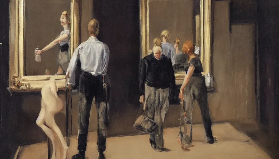 Image similar to painting by borremans, man back standing in front on the mirror in opera theatre and blond hairs woman with fish tank, detailed, stunning