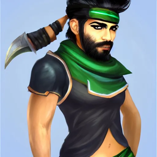 Prompt: Joedat Esfahani, AKA VoyBoy, dressed as Akali from League of Legends. Beautiful handsome bearded artbreeder detailed face.
