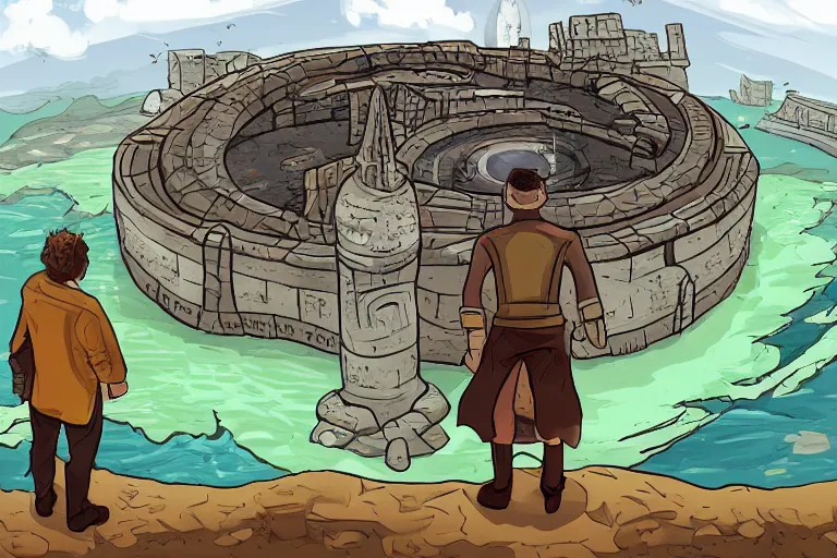 Image similar to a baffled man standing watching over a land outside of time and space with floating sands and flying beasts with a Fort ruins in the middle, water tunnels below, comic book style