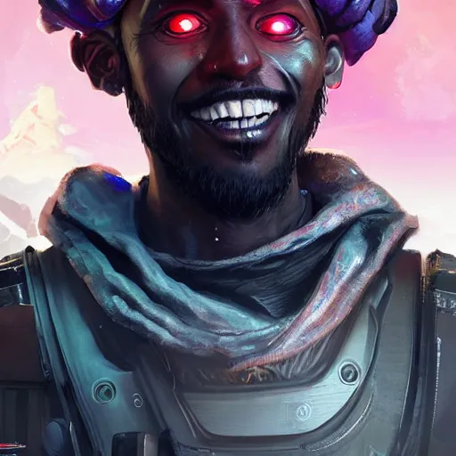 Image similar to a menacing somali space pirate with ruby eyes, Apex Legends character digital illustration portrait design, by android jones, detailed, cinematic lighting, wide angle action dynamic portrait