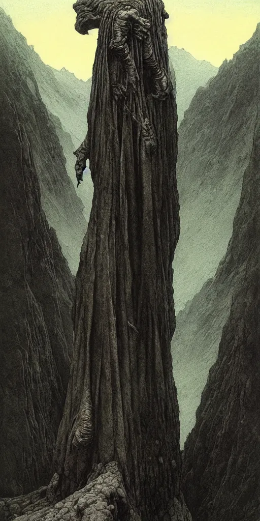 Image similar to A detailed lonley enormous sock with evil eyes stands among the mountains. Wearing a ripped mantle, robe. Perfect face, colossal scale, extremely high details, realistic, fantasy art, solo, masterpiece, art by Zdzisław Beksiński, Arthur Rackham, Dariusz Zawadzki