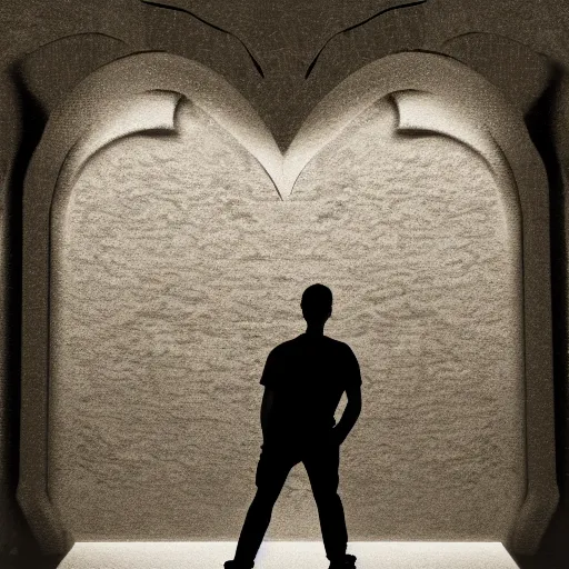 Image similar to man standing in a completely dark room in front of huge stone door slightly open and light is shining through, digital art