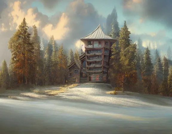 Prompt: A beautiful digital matte painting of a building in a serene landscape by Rafal Olbiński, mountains, clouds, wooded forest enclave, trending on artstation, flawless oil rendering by Marc Simonneti and James Gurney, Blizzard Concept Artists, 4k HDR f/11