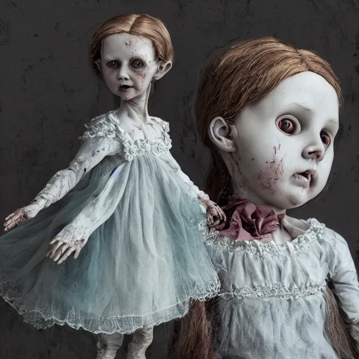 Prompt: a photo - real delicate sculpture of a bloody doll victorian zombie child in style of mark ryden in front of a intricate background by aj fosik, micro detail, backlit lighting, octane renderer, colorful, physically based rendering, parisian ornaments, 8 k, unreal engine, trending on artstation, trending on cgsociety, ambient in the style of hierony