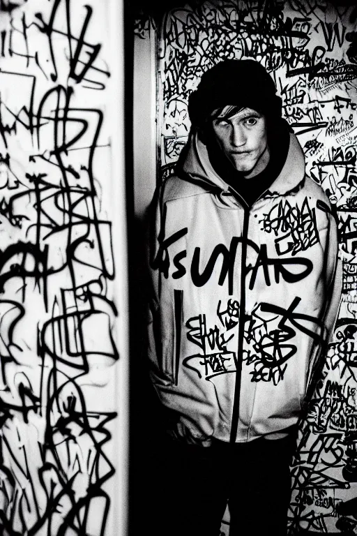 Image similar to subway cabin inside all in graffiti, man in stussy jacket closeup writing graffiti, night, film photography, exposed b & w photography, christopher morris photography