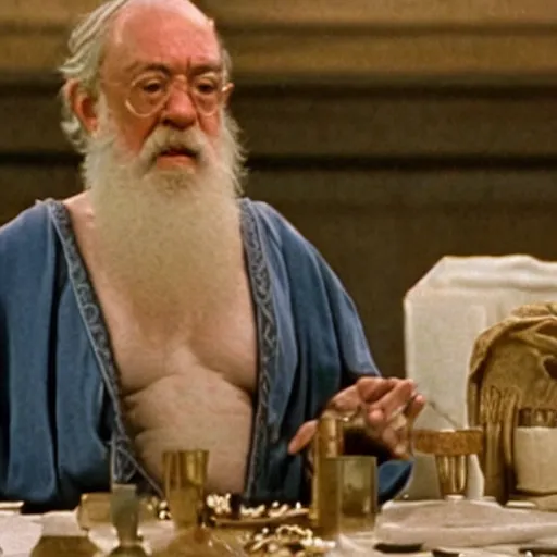 Prompt: Still from TV adaptation of the Banquet of Plato by Steven Spielberg starring Alec Guinness as Socrates