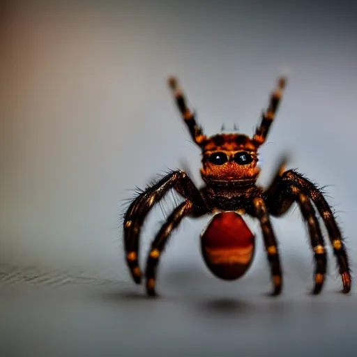 Image similar to macro lens photo of a spider, dynamic lighting, photorealistic, ultra detailed, stunning visuals, blur, studio photo, studio quality lighting, 8 k