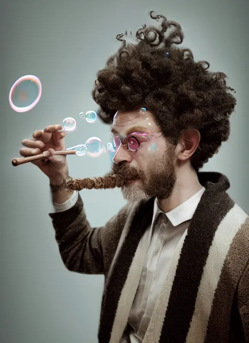 Image similar to an anthropomorphic beautiful male wizard portrait blowing bubbles wearing stripes robe, curly hair, fine art, award winning, intricate, elegant, sharp focus, octane render, hyperrealistic, cinematic lighting, highly detailed, digital painting, 8 k concept art, art by jamie hewlett and z. w. gu, masterpiece, trending on artstation, 8 k