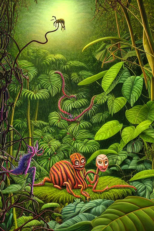 Image similar to a hyperrealistic painting of a tranquil evening at the botanical garden, creatures emerging from the thickets and bushes. cinematic horror by jimmy alonzo, the art of skinner, chris cunningham, lisa frank, richard corben, highly detailed, vivid color,