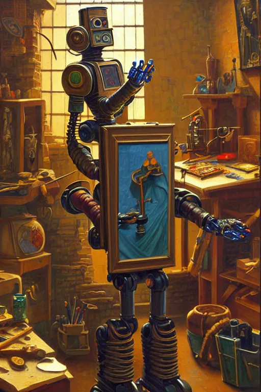 Prompt: classic oil painting, a robot that is dressed as a medieval painter, as a dnd character, inside a cluttered art studio, cottagecore, highly detailed, digital illustration, concept art, smooth, sharp focus, art by greg hildebrandt, and tim hildebrandt