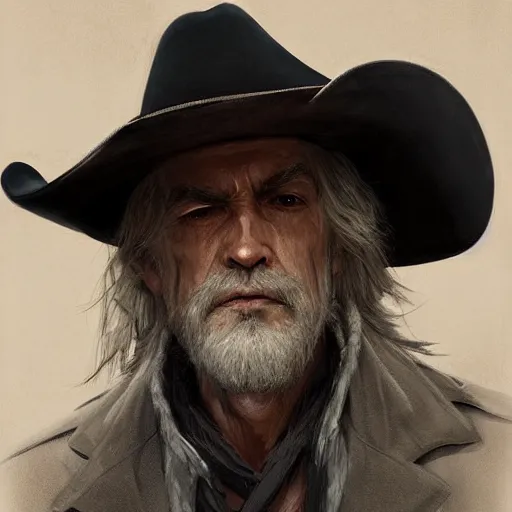 Image similar to portrait of a man with a long duster, grey hair and a cowboy hat, harsh good looking face, middle aged, drawn by Ruan Jia, disco elysium style, highly detailed
