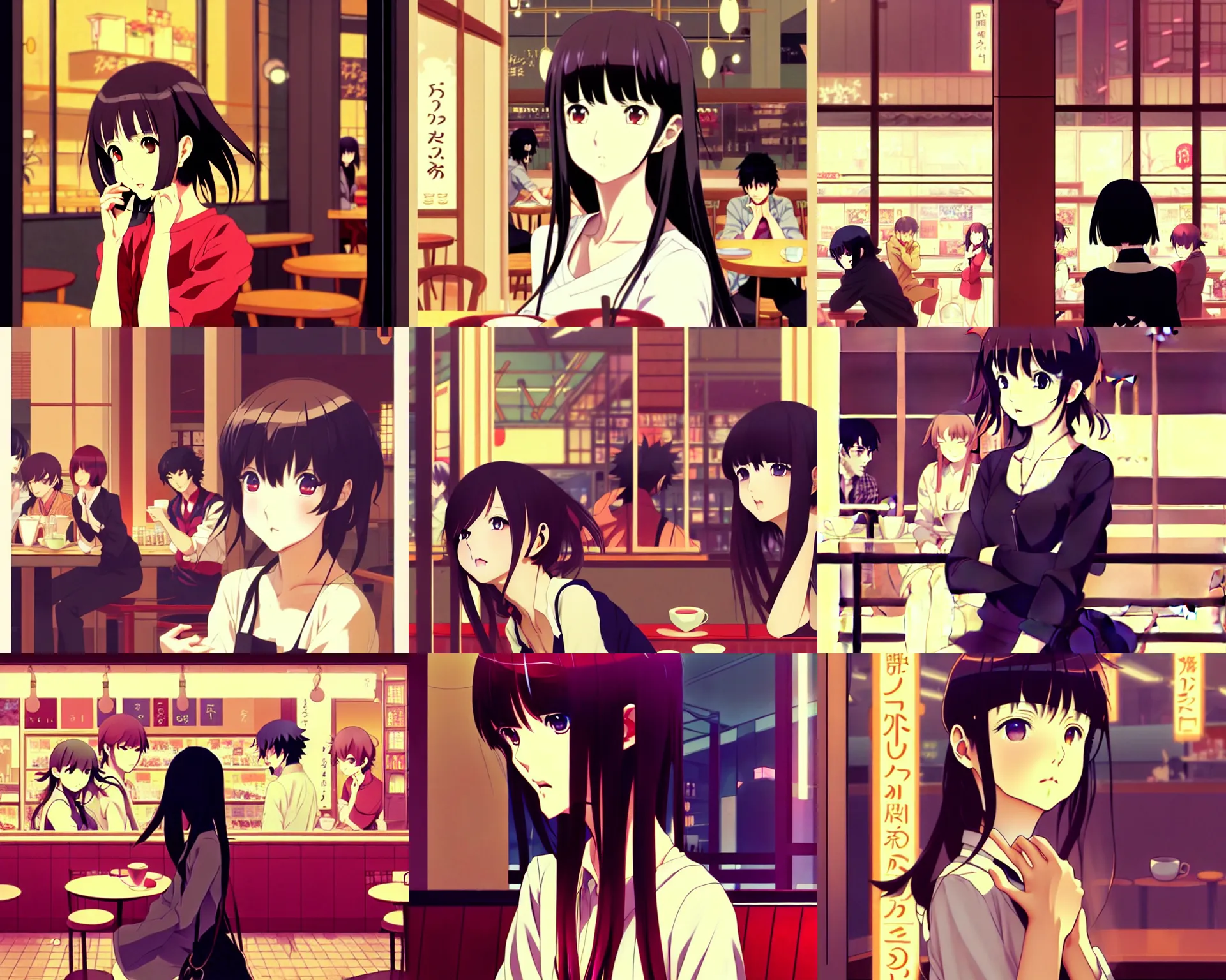 Prompt: anime frames, anime visual, portrait of a portrait of a young woman visiting a busy cafe interior at night shopping, very low light cute face by ilya kuvshinov and yoh yoshinari, katsura masakazu, mucha, dynamic pose, dynamic perspective, strong silhouette, anime cels, rounded eyes, smooth facial features, contrasting shadows