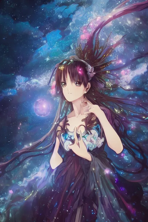 Image similar to anime key visual of a beautiful girl wearing a dress made of stars and nebulae, dramatic, volumetric lighting, planets in the background, intricate, magical forest, stunning, highly detailed, digital painting, artstation, smooth, hard focus, illustration, art by artgerm and greg rutkowski and alphonse mucha