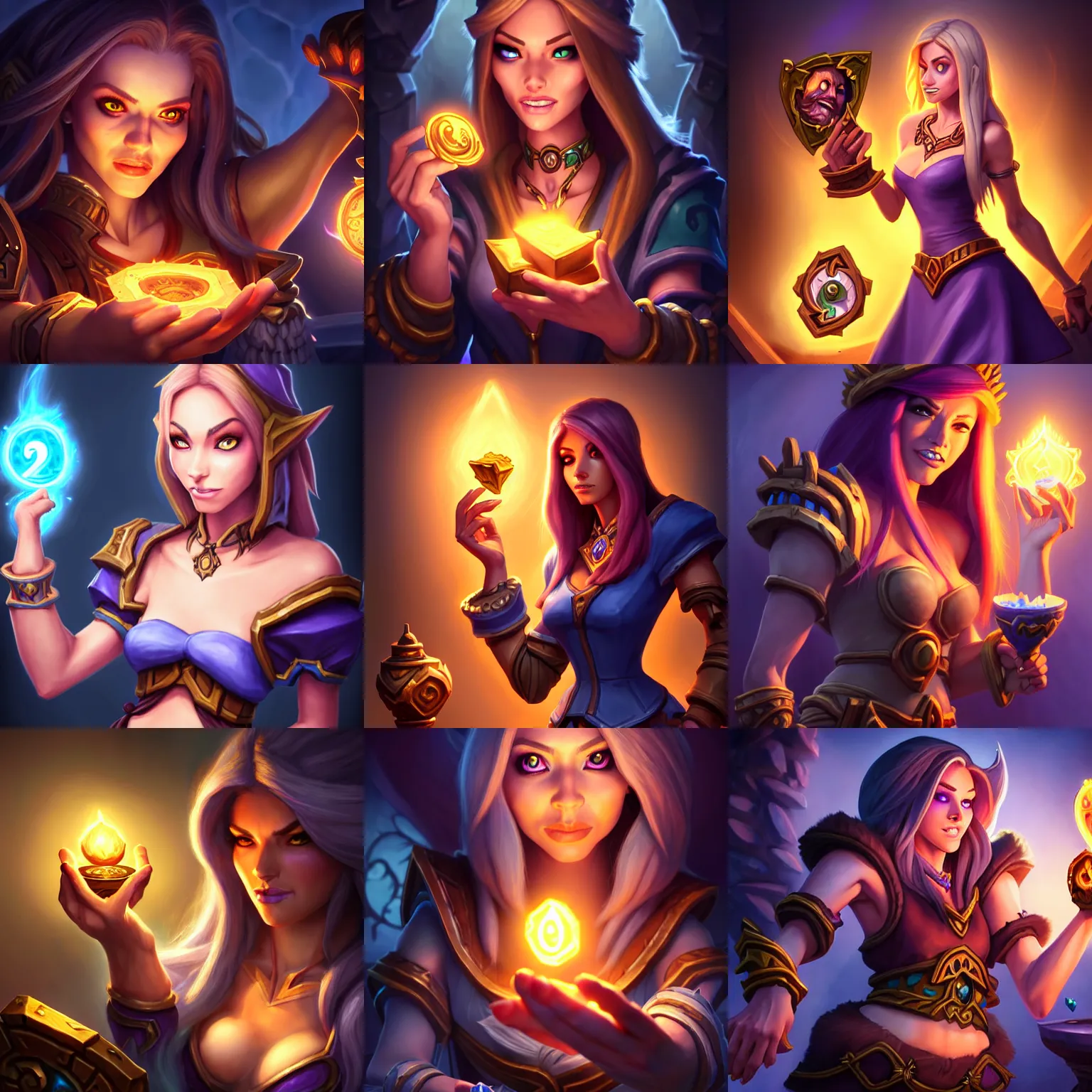 Prompt: Full body Hearthstone official professional art, with realistic beautiful face & eyes. A sorceress finding a treasure. Insanely coherent and well drawned physical body parts (face, arms, legs, hair, eyes). Full body, sharp focus, 8k high definition, insanely detailed, intricate, elegant, smooth, sharp focus, ArtStation