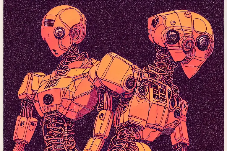 Image similar to risograph grainy drawing vintage sci - fi, satoshi kon color palette, gigantic gundam full - body covered with human bodies and wires, with lot tentacles, vermilion and black hues, codex seraphinianus painting by moebius and satoshi kon and dirk dzimirsky close - up portrait