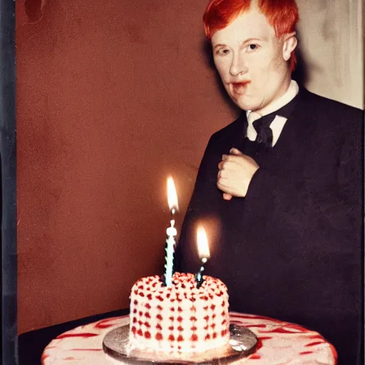 Image similar to Red haired man, dressed with a turbant, with a birthday cake