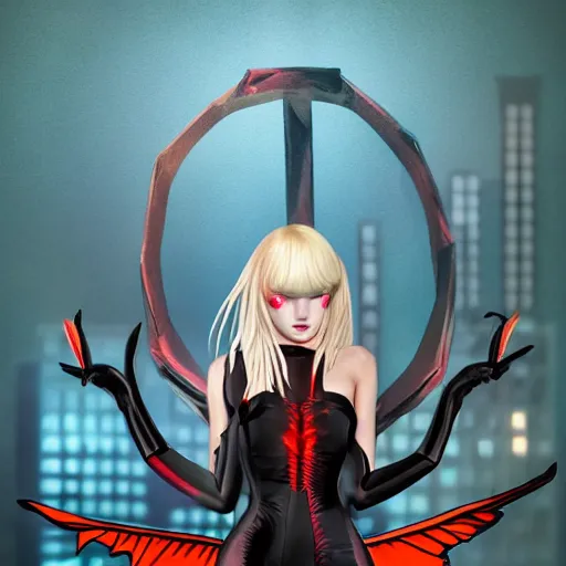 Prompt: cyber girl with demon horns and a short dress with gloomy face in front of a cybercity holding a black feather in her hand, 8k, painting