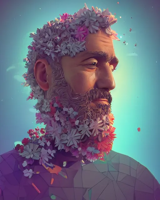 Image similar to a realistic ultradetailed digital painting of a man with flowers in his beard, profile, cyberpunk art by beeple, behance contest winner, retrofuturism, voxel art, # pixelart, dystopian art