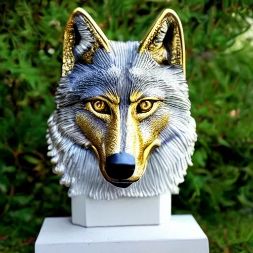 Prompt: gorgeous wolf statue portrait with gold filigree