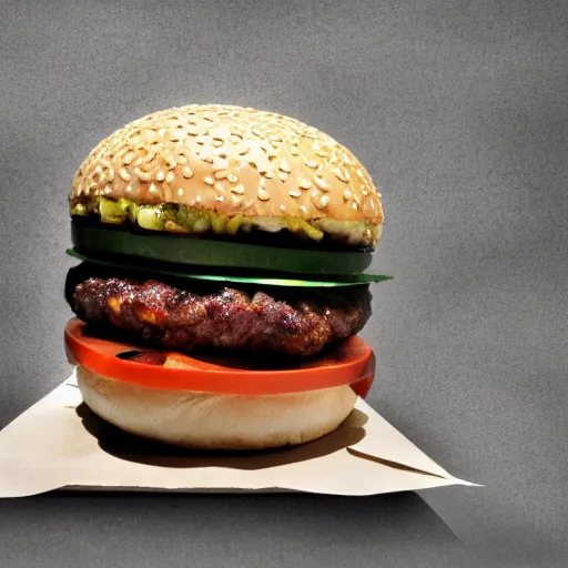 Prompt: a hamburguer made out of scrap, brutalism