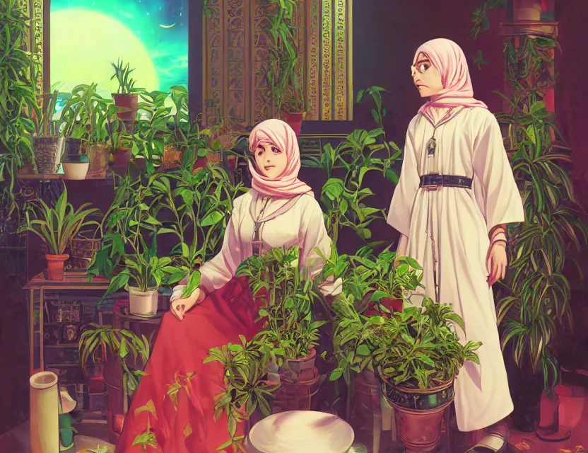 Prompt: middle eastern scifi alchemist in a well lit study with potted plants, wearing a lovely dress with vaporwave details. this oil painting by the award - winning mangaka has an interesting color scheme and impeccable lighting.