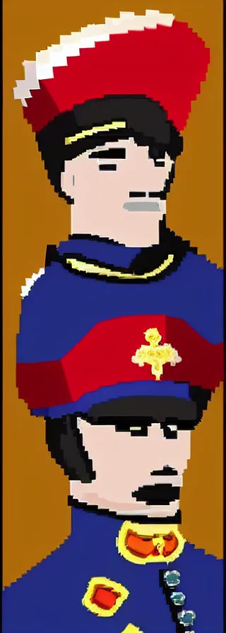 Image similar to portrait of imperator wearing a french hat and ceremonial uniform in a haughty pose, head pointing up diagonally, pixel art, colors accent, symmetric