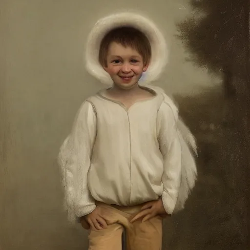 Image similar to tonalism flowing, cosy by akos major, by margaret modlin. a painting of a young boy disguised as a dragon. the boy is shown wearing a costume with dragon - like features, including a long tail, wings, & horns. he has a large grin on his face, suggesting that he is enjoying his disguise.