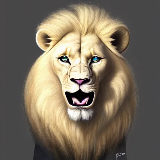Prompt: a beautfiul aesthetic commission portrait of a anthro albino lion wearing a supreme t-shirt,attractive beautiful face,detailes face,natural lighting,fantasy art,deviantart,artstation,character design by charles bowater,ross tran,4k,photorealistic