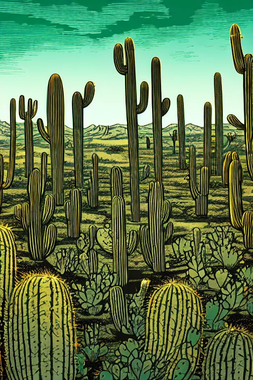 Prompt: art by brian reedy, a beautiful linocut print of a field of cacti, 8 k, frostbite 3 engine, cryengine, dof, trending on artstation, digital art, crepuscular ray