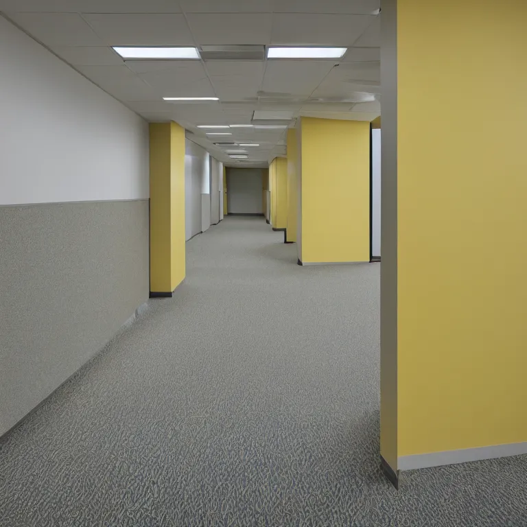 Prompt: liminal abandoned office hallways with walls and carpeting with a monochromatic tone of pale yellow, fluorescent lights, pale yellow walls, pale yellow carpet flooring, european office