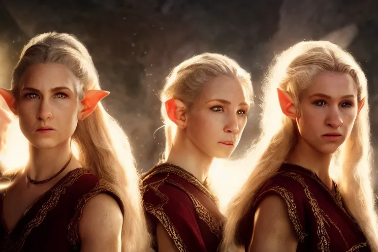 Image similar to a cinematic headshot portrait of three female elf warriors, 8 k, ultra realistic, movie still, dramatic lighting, mist, rays of light, by annie leibovitz