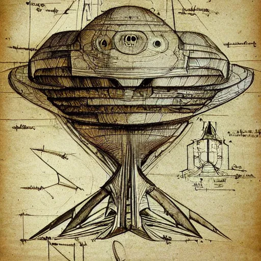 Prompt: various sketches of an alien spaceship in the style of leonardo da vinci, ultra detailed, scribbles, technical drawing, engineering blueprints