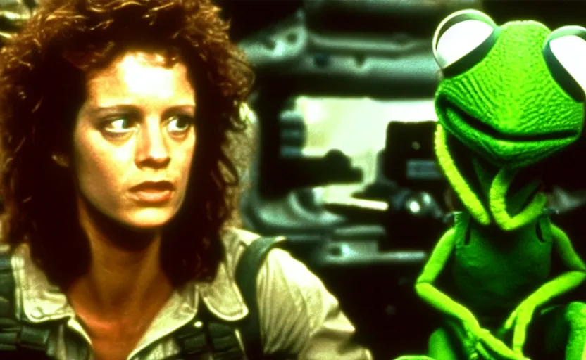 Image similar to the scene from aliens where ripley is in a powerloader but it's kermit the frog vfx film