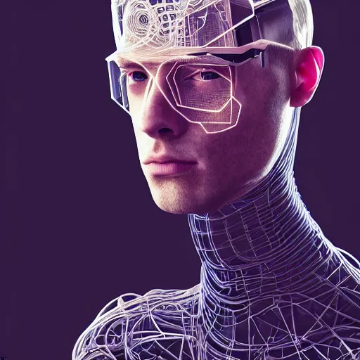 Image similar to portrait of an absurdly handsome, clean shaven, sophisticated, fashionable male cyberpunk mechanoid, hyperdetailed illustratio, matt wisniewski style, intricate linework, male fashion photography, porcelain skin, jellyfish headband, unreal engine 5 highly rendered, radiant light, detailed and intricate environment