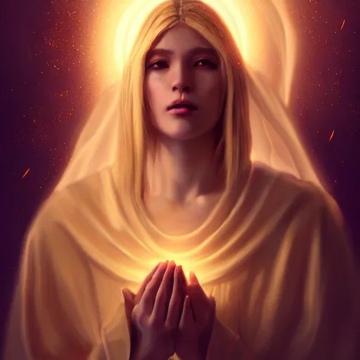 Image similar to Masterpiece portrait of an aesthetic beautiful realistic blond priestess, 30 years old woman, praying, cinematic light, digital painting by WLOP, atmospheric effects, fireflies, 4K, octane render, artstation, deviantart, close view