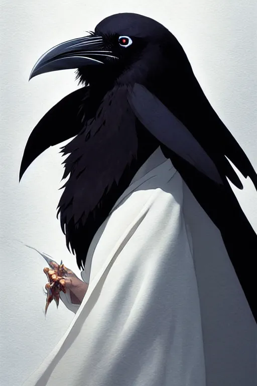 Image similar to raven headed warlock doing magic spells wind, white robes, finely detailed perfect face, exquisite details, mid view, design on a white background, by studio muti, greg rutkowski makoto shinkai takashi takeuchi studio ghibli